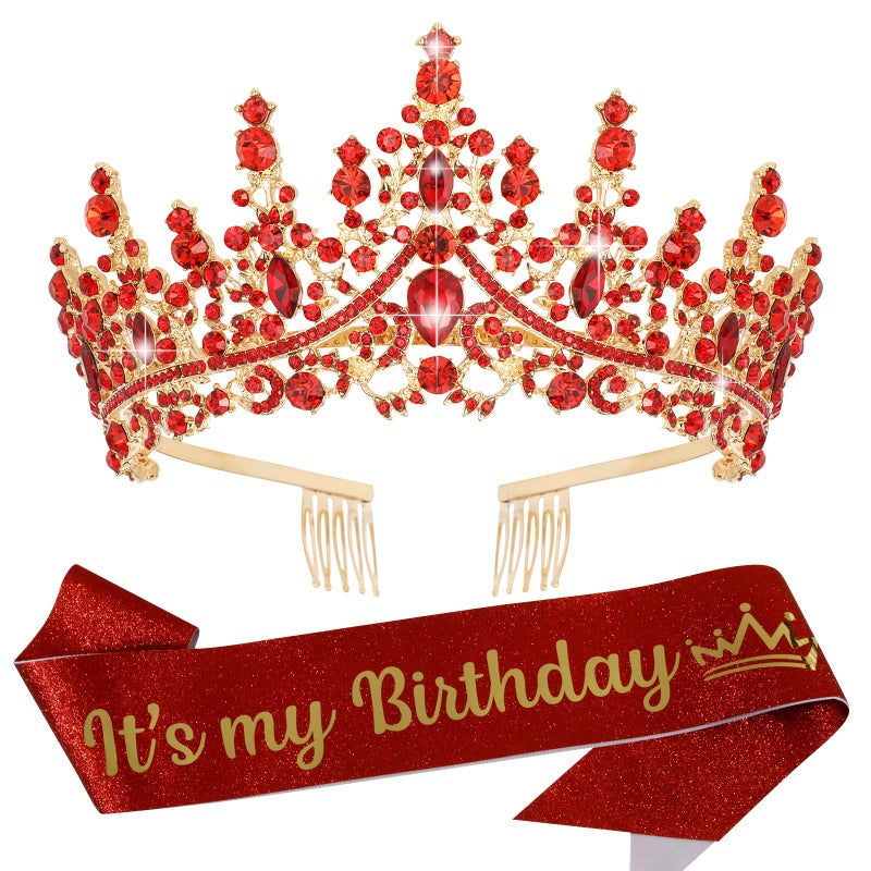 VELSCRUN Red Crystal Birthday Tiara Crowns for Women Girls Its My Birthday Sash Queen Girls Princess Crown with Combs Happy Birth Party Decorations Mom Sisters Birth Gift Hair Accessories